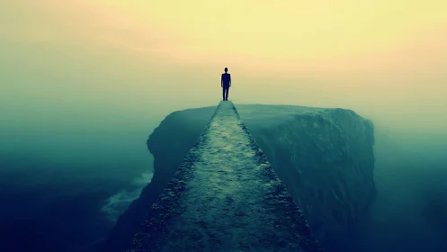 Solitary figure on a misty cliff path at dreamlike dawn.
