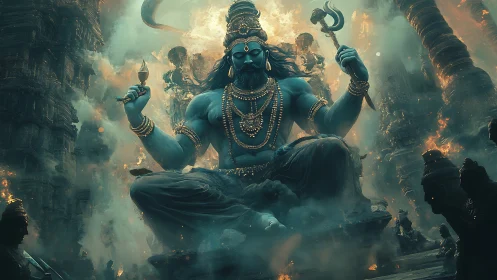 Mythic blue deity amidst burning temple ruins in mist.
