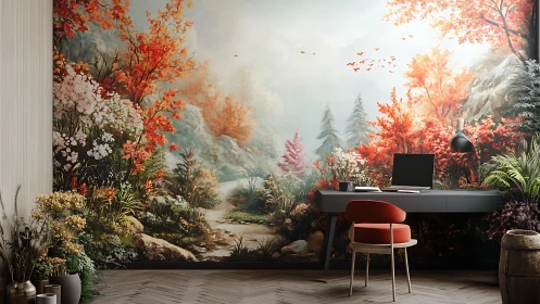 Autumn forest mural framing minimalist home workspace.