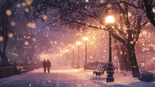 Snowlit lovers wander beneath glowing winter lamplight.