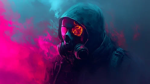 Hooded gasmask drifter stalks through electric neon smoke.