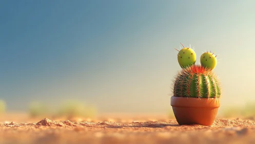 Small potted cactus on desert sand under clear sky.