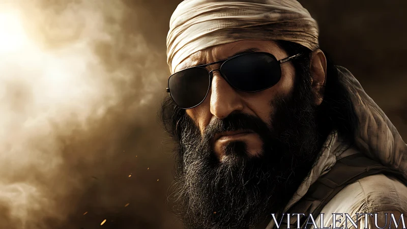 Bearded man in sunglasses against dense dusty background.