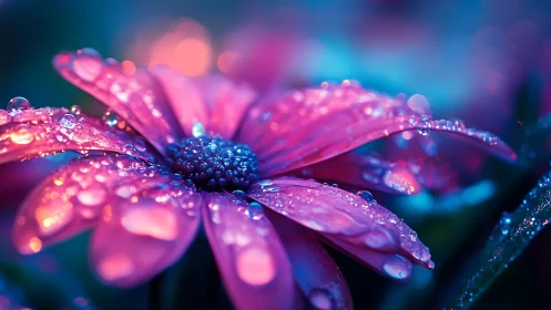 Neon bokeh macro of dew-covered pink daisy petals at dusk