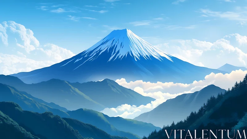 Snowcapped peak above layered blue ridges in soft haze.