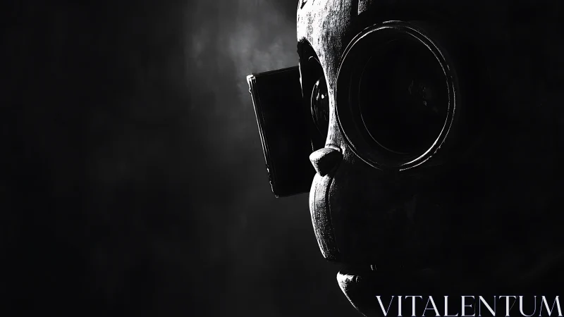 Half-lit gas mask portrait in stark monochrome shadows.
