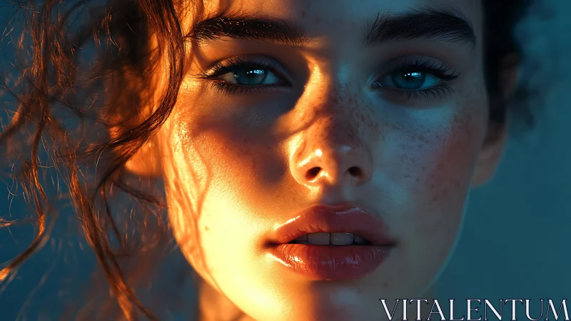 Sunlit freckled portrait glows in teal and amber light