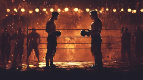 Two Boxers Face Off in the Ring Under Golden Lights.