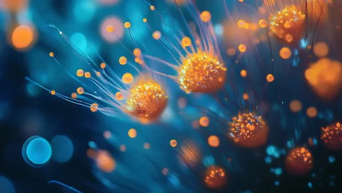 Macro view of glowing orange filament clusters on blue field.
