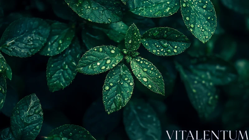Dark green leaves covered in fresh raindrops close up.