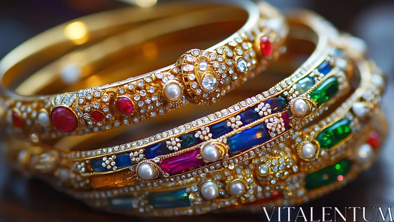 Golden jeweled bangles glow with colorful stones and pearls