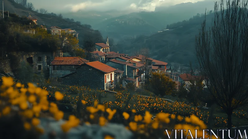 Mountain village with red roofs in hazy evening light.