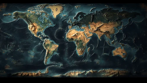 Elevated world map with sculpted topography and teal oceans.