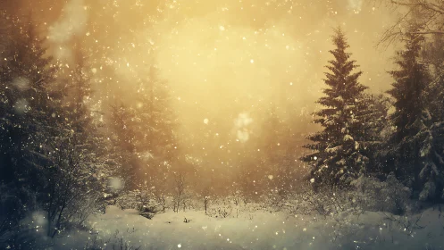 Backlit winter forest scene with dense atmospheric snowfall