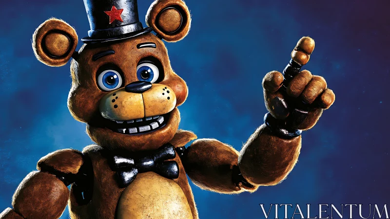 Cheerful animatronic bear raises a playful guiding finger
