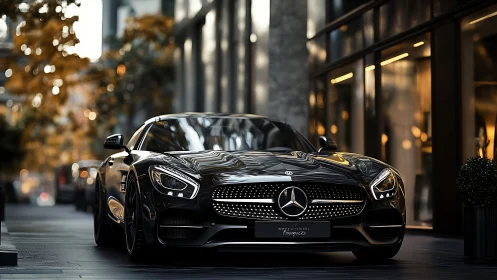 High-gloss Mercedes sports coupe rendered in urban dusk lighting