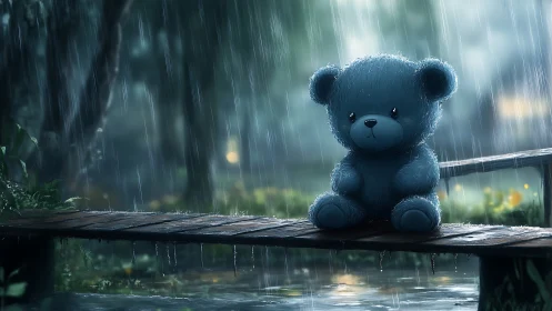 Rain-soaked blue teddy waiting on a lonely woodland bridge.