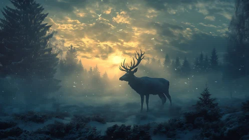 Majestic stag stands in misty winter forest sunrise glow.