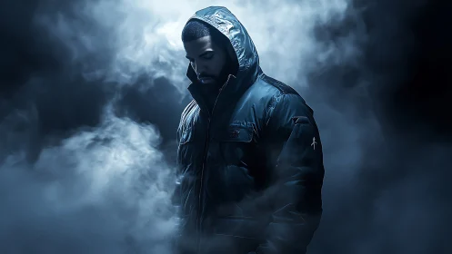 Moody hooded figure in blue-toned atmospheric smoke field