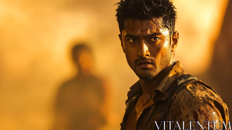 Battle-worn man in dramatic golden backlight portrait.