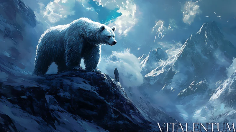 Colossal polar bear dominates glacial ridge above lone mountaineer