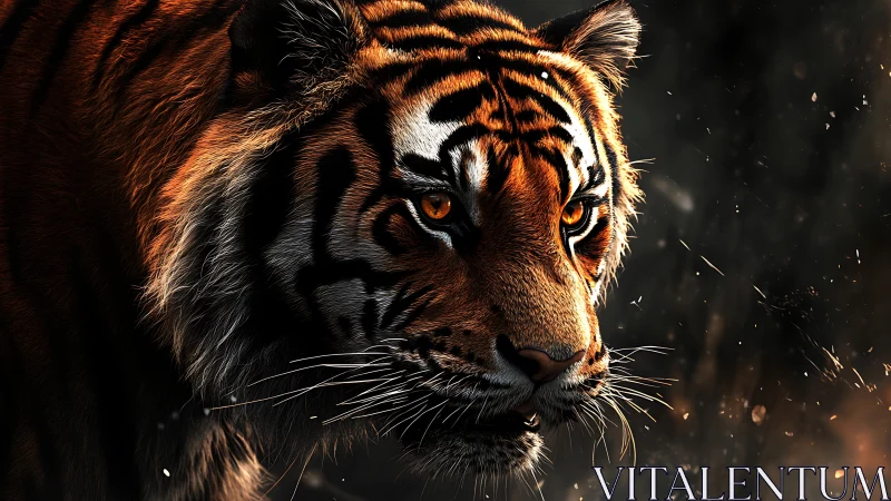 Close-up digital artwork of stalking tiger in dark light.