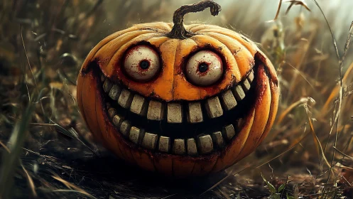 Grinning pumpkin monster shares a wickedly playful stare