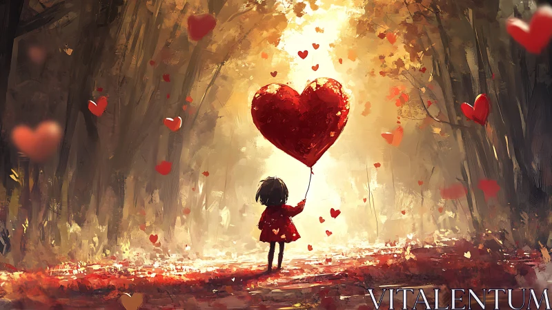 Child holding heart balloon amid falling hearts and golden light.
