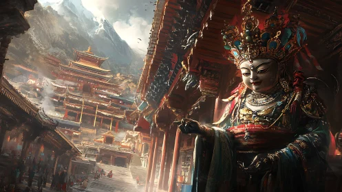 Majestic temple city ascends beneath ornate mountain deity