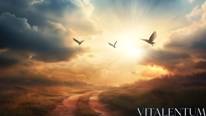 Radiant sunset landscape frames silhouetted birds in dynamic flight