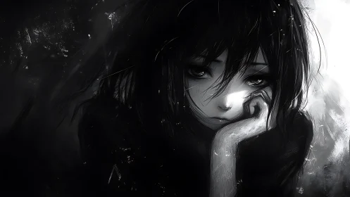 Monochrome anime portrait of pensive girl in close-up view.