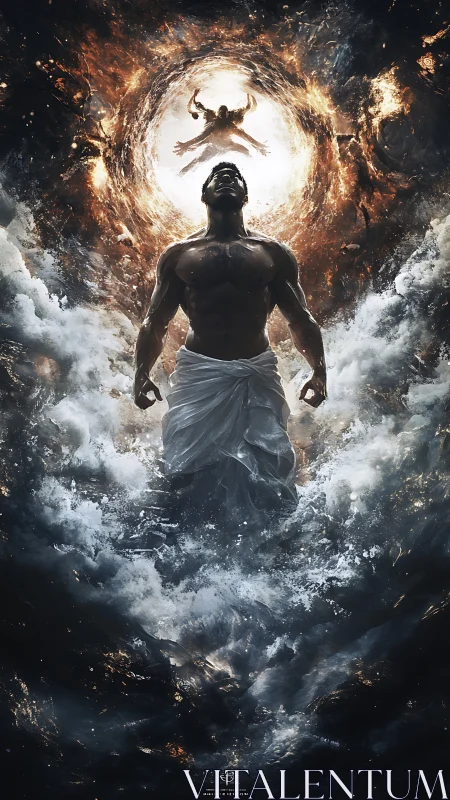 Ascending figure in storm-torn clouds beneath fiery celestial portal