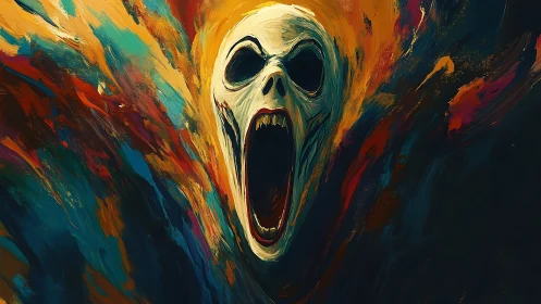 Skull-like figure with open mouth in swirling colors.