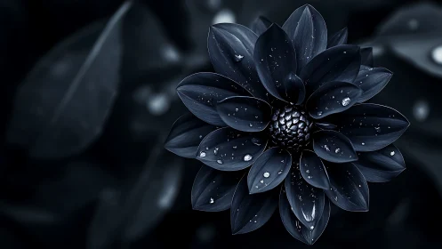 Black dahlia flower with water droplets on dark background