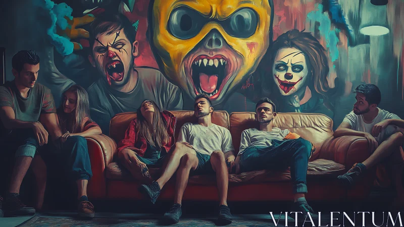 Moody friends on sofa under chaotic horror graffiti wall.