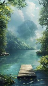 Serene mountain lake with wooden dock in luminous digital painting