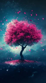 Luminous magenta blossom tree floats against cosmic teal haze