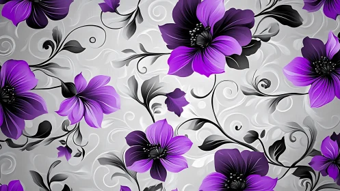 Ornamental Purple Florals with Scrollwork Composition.
