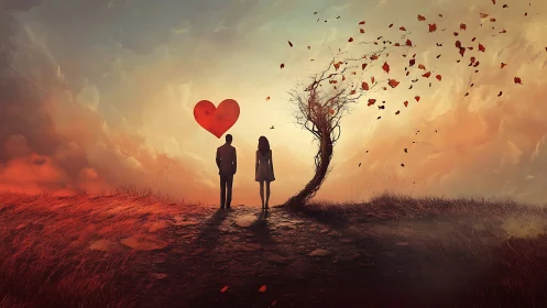 Silhouetted Couple Beneath Glowing Heart at Sunset.