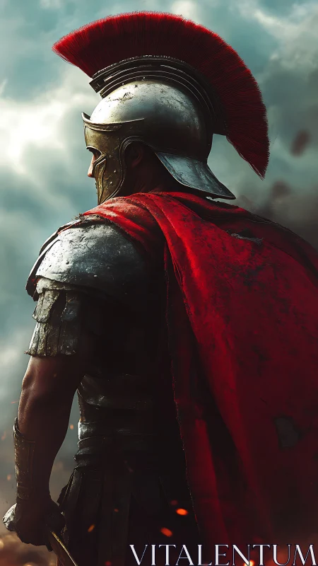 Roman warrior stands in stormlight wrapped in crimson glory