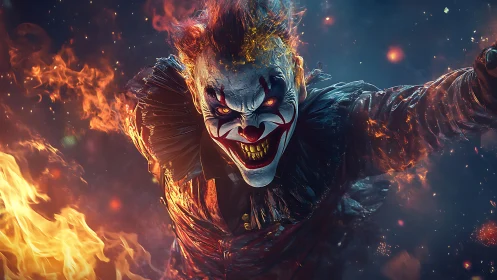 Fiery demonic clown lunges through blazing darkness in rage.