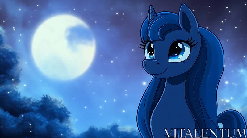 Blue cartoon unicorn under night sky with full moon.
