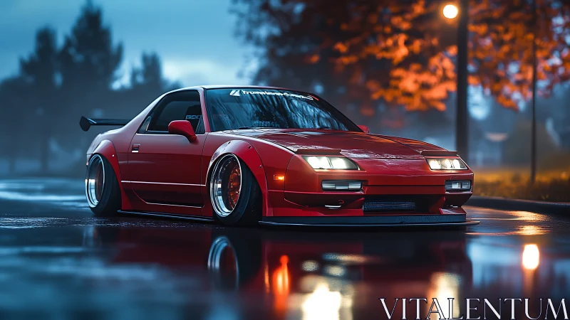 Widebody red coupe with stance suspension on wet reflective street
