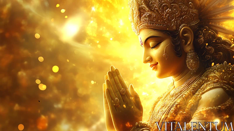 Golden-toned digital depiction of ornate praying figure.