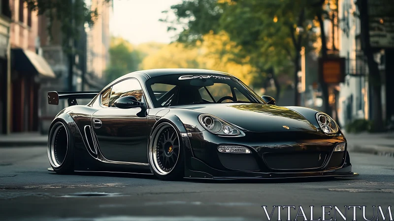 Low-slung black Porsche coupe on sunlit urban street scene.