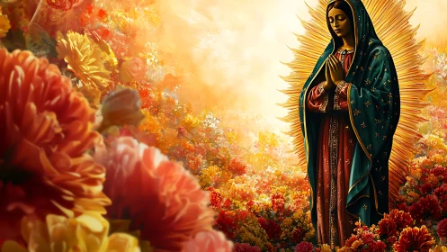 Devotional figure in aureate halo amid chromatic florals.