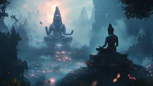 Mystic deity in foggy valley meets meditating devotee.