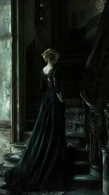 Gothic staircase portrait of woman in black lace evening gown