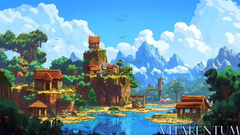Pixel art tropical lake village with tiered cliff settlement