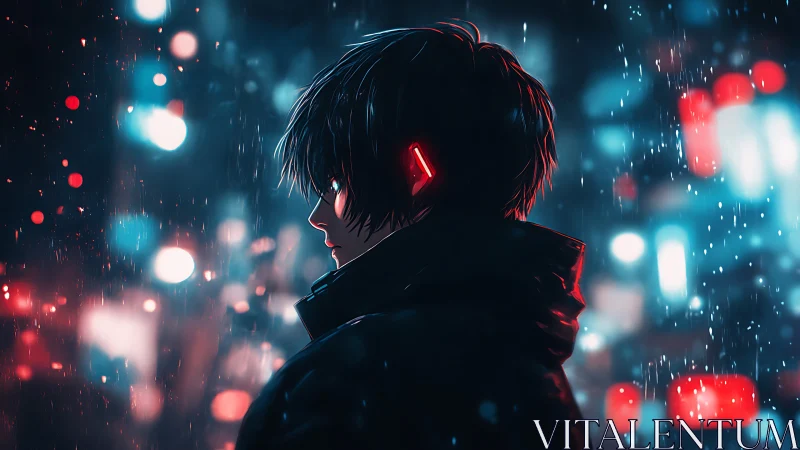Cyberpunk profile in neon rain with luminous city bokeh.